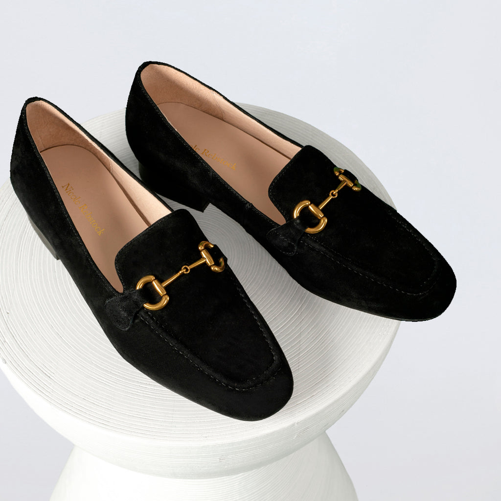 Black suede loafers with gold clearance buckle