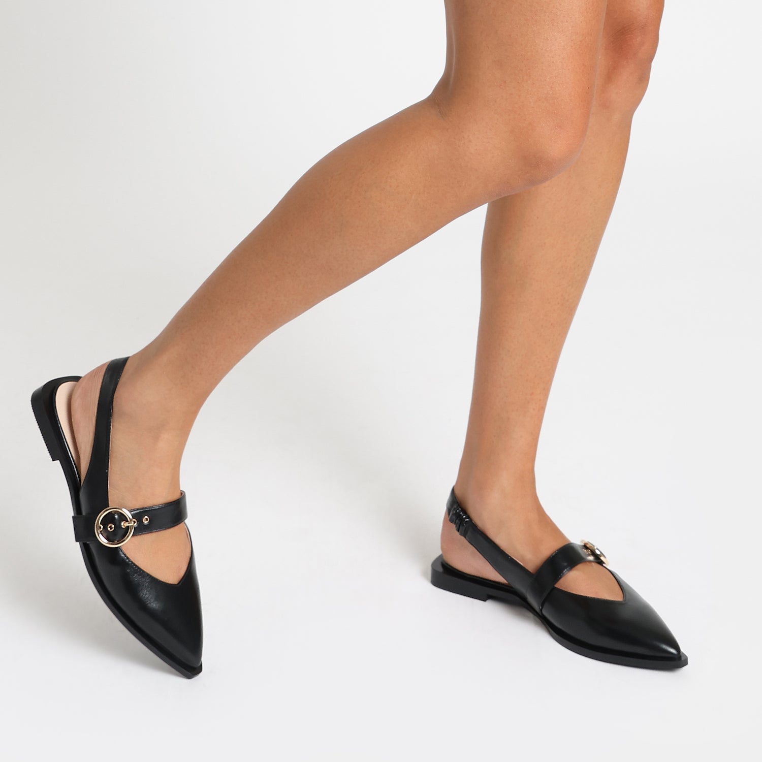 Valencia Flat Slingback | Black oiled leather