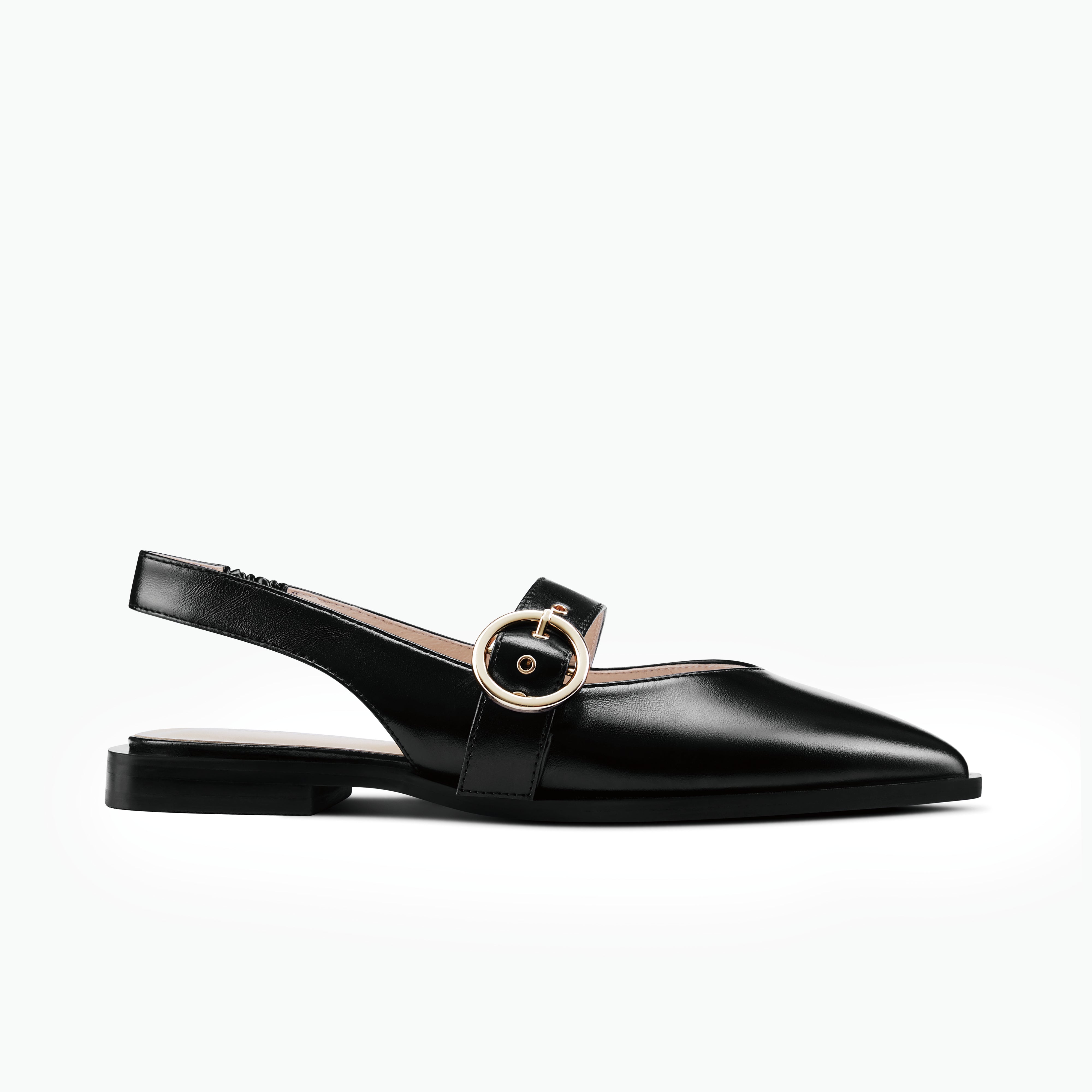 side profile of Valencia black oiled leather slingback with black sole and gold buckle